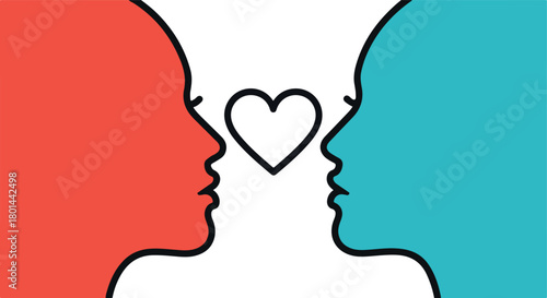 Connected hearts outline profile faces with transparent background