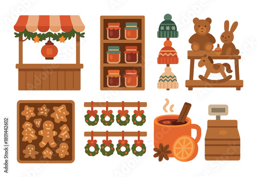 Festive market stalls with toys, gingerbread, jars, and hot drink