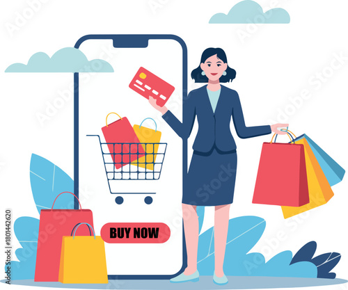Businesswoman holds colorful shopping bags, presenting credit card near phone displaying cart with bags on transparent background