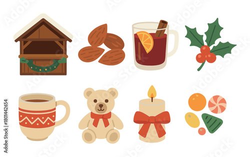 Festive holiday icons: hot drink, teddy bear, almonds, and candle with bow