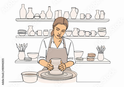 A woman making pottery on a wheel in a workshop. Continuous line art drawing of a potter and handmade ceramics. Creative hobby and craft concept