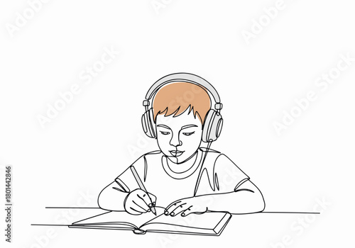 One line art drawing of a boy studying with headphones. Home schooling and e-learning concept. Minimalist student writing in a notebook