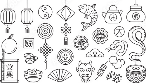 Collection of black and white outline icons symbolizes the elements of Chinese New Year and tradition