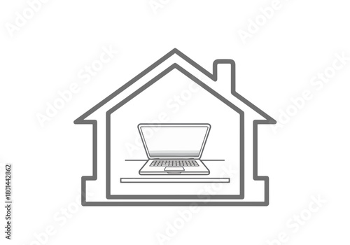 Work from home line icon. Laptop computer inside a house outline symbol. Remote work and telecommuting concept graphic