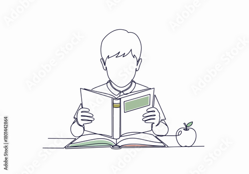 A single continuous line drawing of a boy reading a book. Home schooling and education concept. Minimalist student character studying at a desk