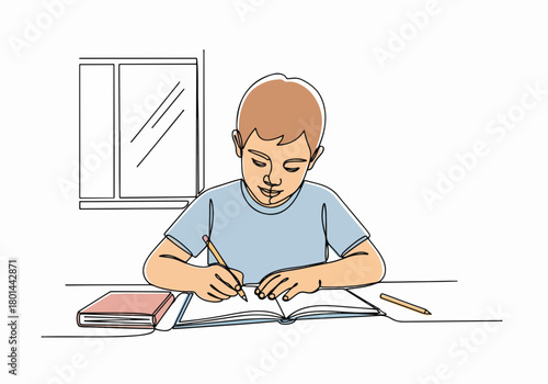 A continuous line art drawing of a boy doing homework. Home schooling and education concept. Minimalist student character writing in a notebook