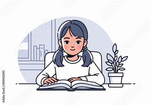 A young girl studying and reading a book at her desk. Home schooling and education concept. Minimalist line art character design