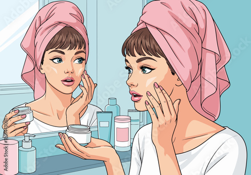 Woman applying face cream in a mirror. Daily skincare routine and beauty concept. Pop art style graphic for cosmetics and self-care