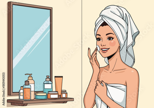 A woman's daily skincare routine. Cartoon graphic of a happy girl applying face cream with cosmetic products on a bathroom shelf.