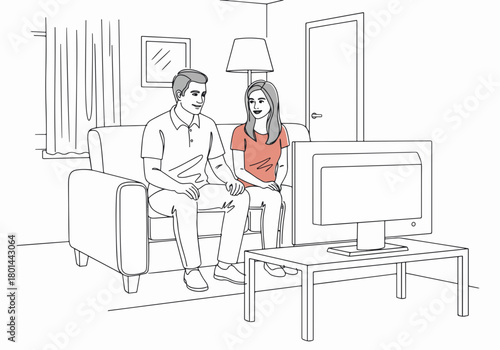 Line art drawing of a couple watching tv in the living room. Man and woman sitting on a couch together. Home entertainment and leisure concept