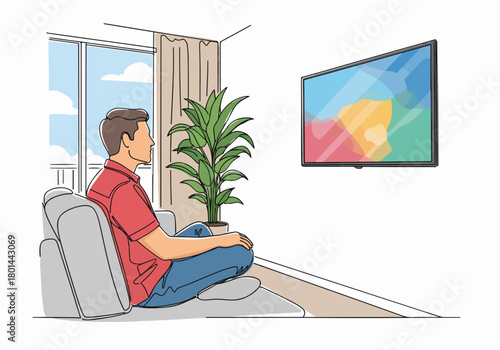 A man watching tv at home while sitting on the sofa. Character relaxing in a modern living room. Line art graphic with flat color design