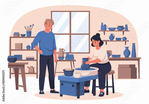 A couple in a pottery making class at a creative workshop. A woman shapes a clay vase on a potter's wheel as a man watches. Handmade craft and hobby concept flat design graphic.