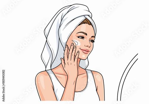 Woman applying face cream for her skincare routine. Beauty and cosmetic treatment concept. Cartoon character graphic