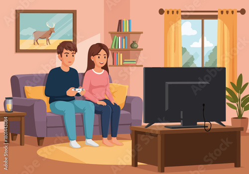 Couple playing video games at home in the living room. Man and woman relaxing on a sofa in front of the tv. Flat cartoon design of leisure and entertainment