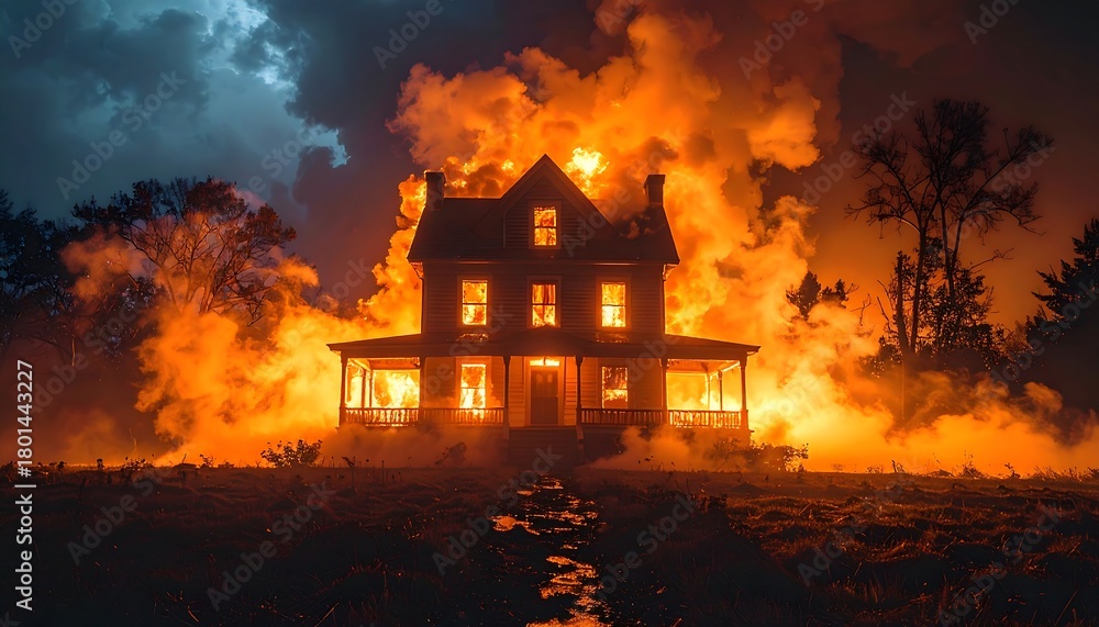 Fototapeta premium A house engulfed in flames under a stormy night sky