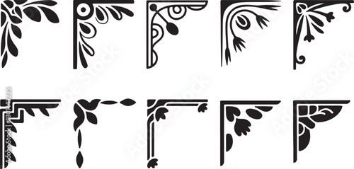 Collection of ten black floral corner accents presents diverse decorative botanical elements, transparent background