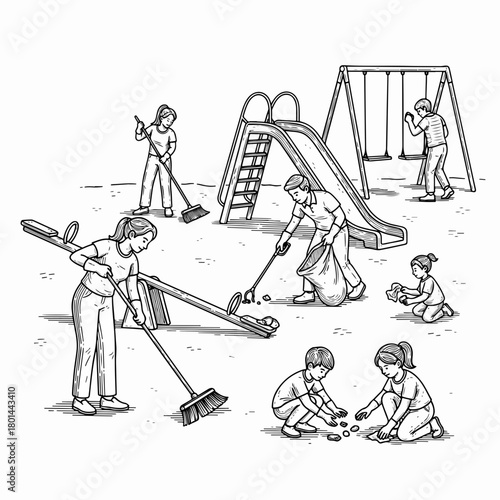A group of people cleaning a playground. Community volunteer service concept. Hand-drawn black and white line art sketch