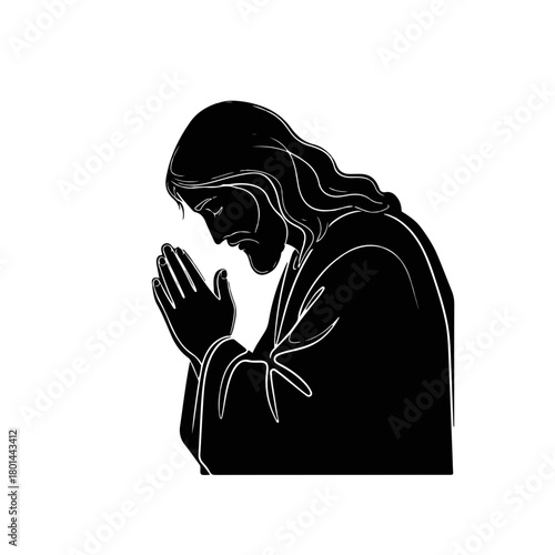 A silhouette of Jesus Christ in prayer. A Christian symbol of faith, hope, and devotion. Minimalist black and white graphic icon