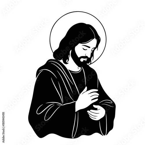 Jesus Christ in prayer religious icon. Minimalist black and white graphic symbol of faith. Christian holy art for church and bible study