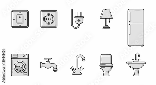 Household appliance and fixture line icon set. Modern flat design vector illustration for home utilities. Kitchen and bathroom symbols
