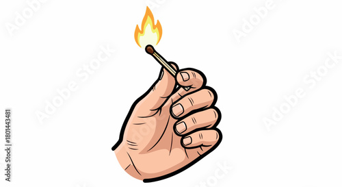 Burning match in hand with transparent background