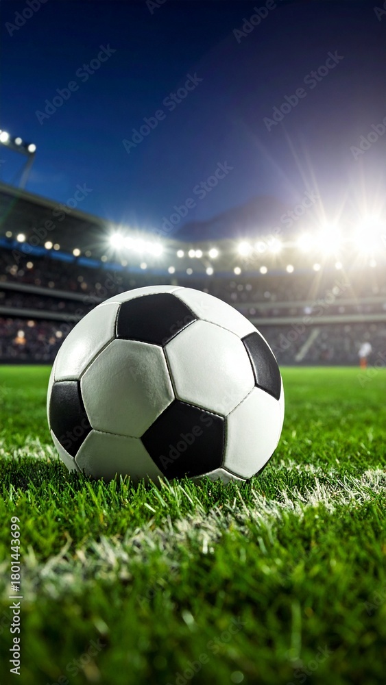 Fototapeta premium Soccer ball on green grass with stadium lights in background for match day atmosphere and sporting events.