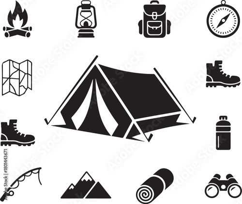 Adventure camping icons set outdoor travel exploration gear