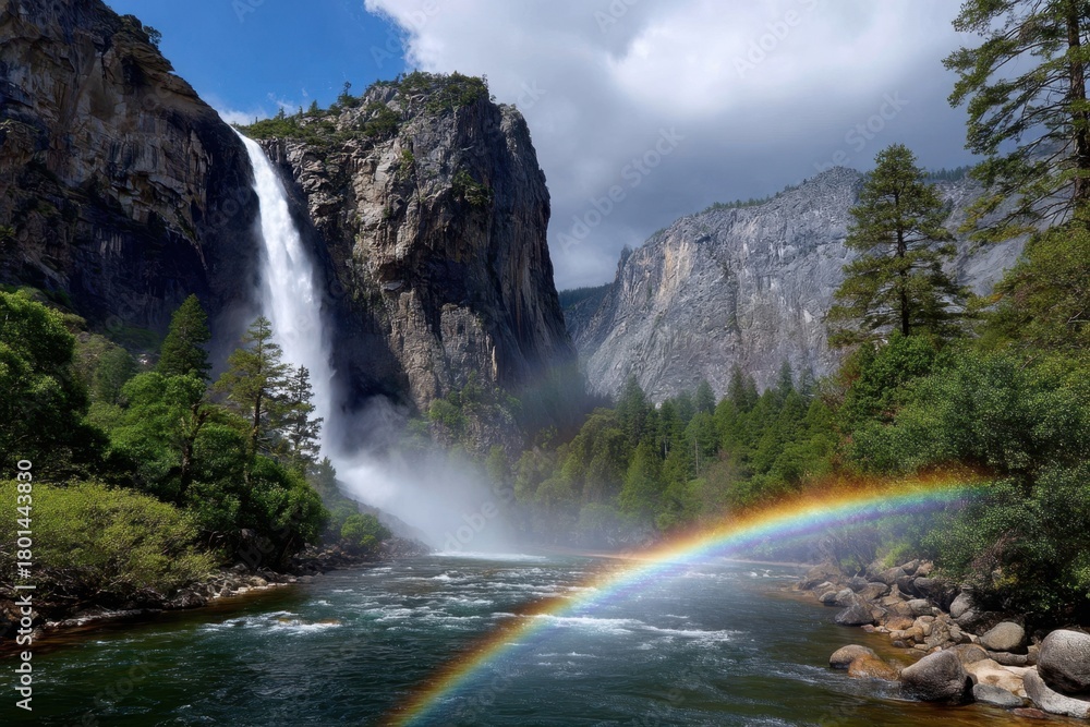 Obraz premium Waterfall cascades in a stunning landscape with a rainbow and mountains in the background