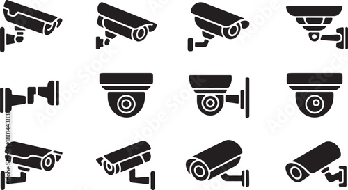 Diverse security camera icons arrayed on a white background presents surveillance options in scalable format
