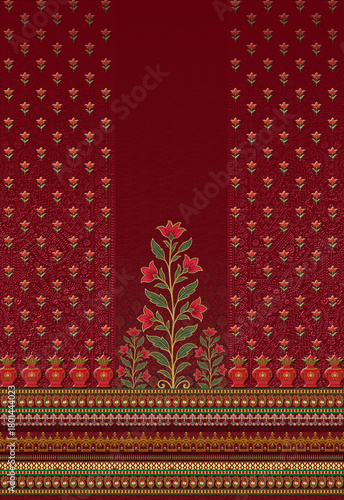 Rich Maroon Ethnic Floral Kurti Front Panel Design