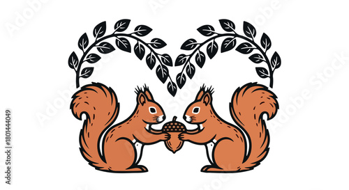 Squirrels sharing acorn with heart shaped foliage