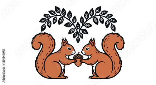 Squirrels sharing acorn with leafy background