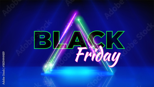 Black friday neon offer poster. Special offer sale. Neon triangular frame. Stage blue background. Black friday concept, advertising. Sale, promotion banner. Vector illustration