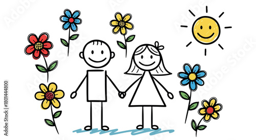 Happy couple holding hands with flowers and sun