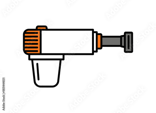 Illustration of a white and orange industrial tool with a cylindrical body and a nozzle.