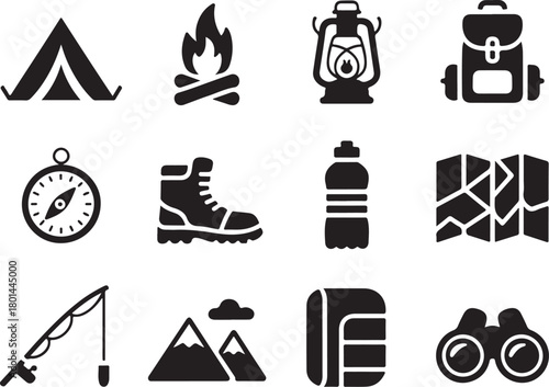 Adventure essentials icons for outdoor exploration