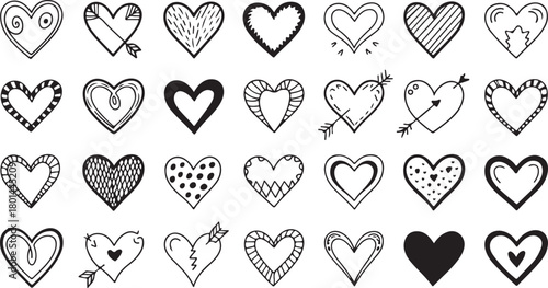 Hand drawn hearts with various patterns create a unique collection of love symbols