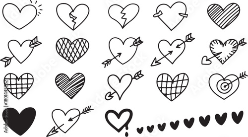 Hand drawn sketch set depicts diverse heart shapes pierced with arrows and broken on white