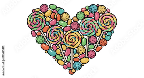Candy heart shape with colorful sweets and lollipops