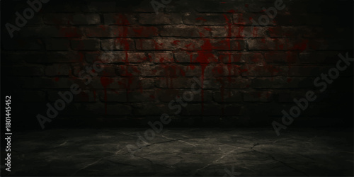 Dark empty vintage room interior with old brown grunge texture on a brick wall and wood floor backdrop