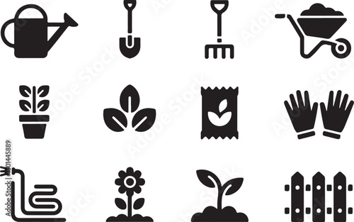 Gardening icons for planting, watering, and growth