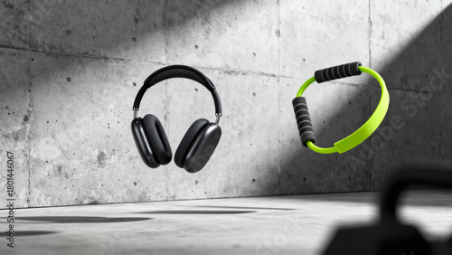 Minimalist 3D rendering of floating strength training items: black rubber floor tile, heavy kettlebell, and lifting straps on a dark charcoal background. Focus on power and weightlifting.
