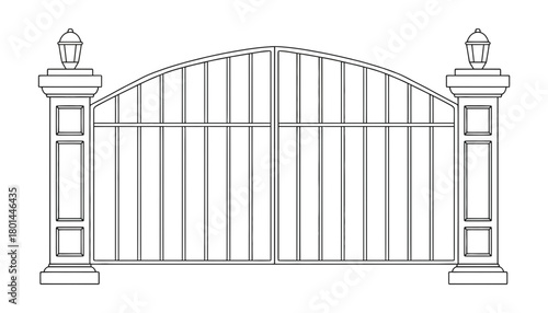 Illustration of decorative iron gate with lamp posts design