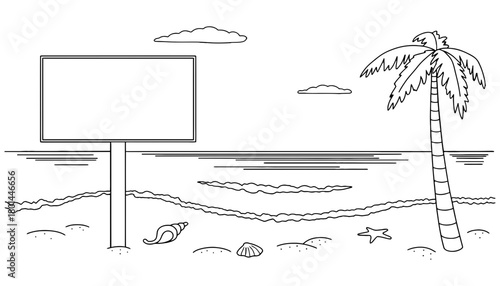 Beach scene coloring page with billboard and palm tree vector