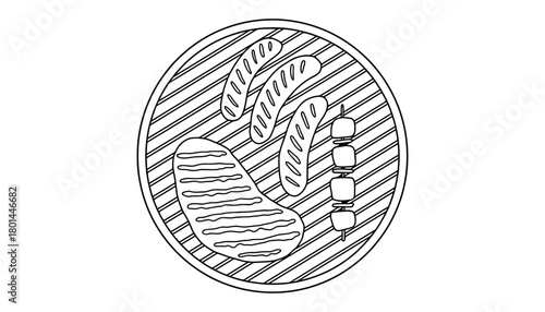 Barbecue grill with meat sausages and marshmallow coloring page