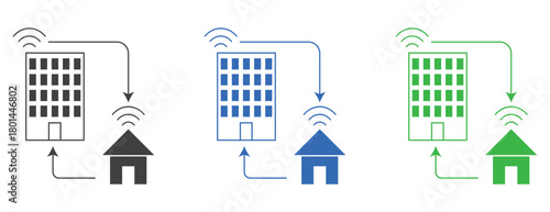 Remote Connectivity Flow Chart from Office Building to Home House Icons, Telework Communication Network Graphic Illustration