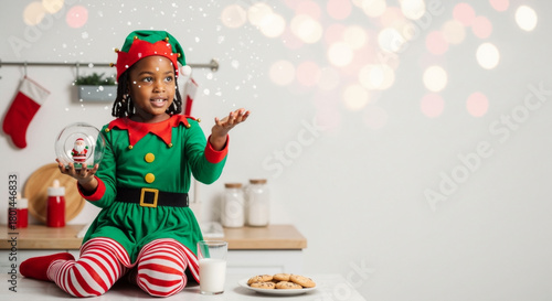 Adorable Black girl in an elf costume experiencing Christmas magic. Santa's little helper with milk and cookies. Holiday background with copy space
