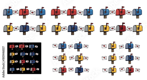 Colorful mailboxes with flags and envelopes