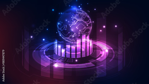 Global Business Data Analysis Background: Futuristic World Market Trend and Digital Bar Chart