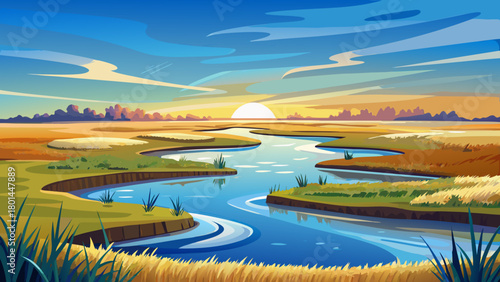 Very beautiful peaceful wetland landscape featuring winding tidal channels, golden marsh grasses, and calm reflective water under a soft blue sky, capturing the serene nature of Egg Harbor Township’s 